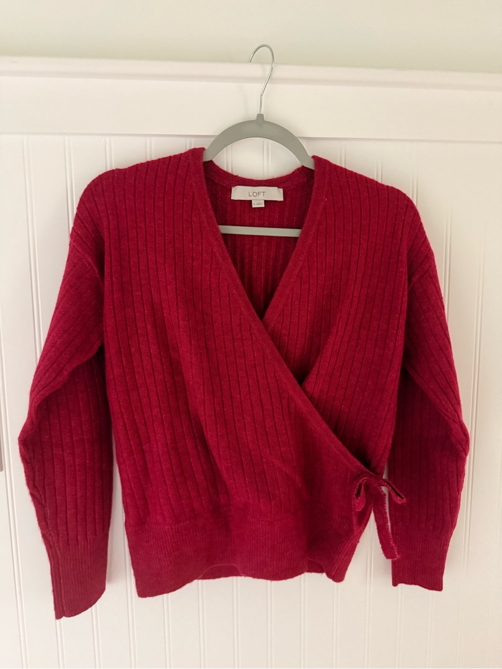 LOFT Women's Deep Raspberry Faux Wrap Ribbed Sweater